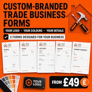 May include: Custom-branded trade business forms featuring five distinct templates including invoice, quote, job sheet, receipt, and payment reminder. The design includes a hammer and screwdriver icon, space for a logo, and color customization options.