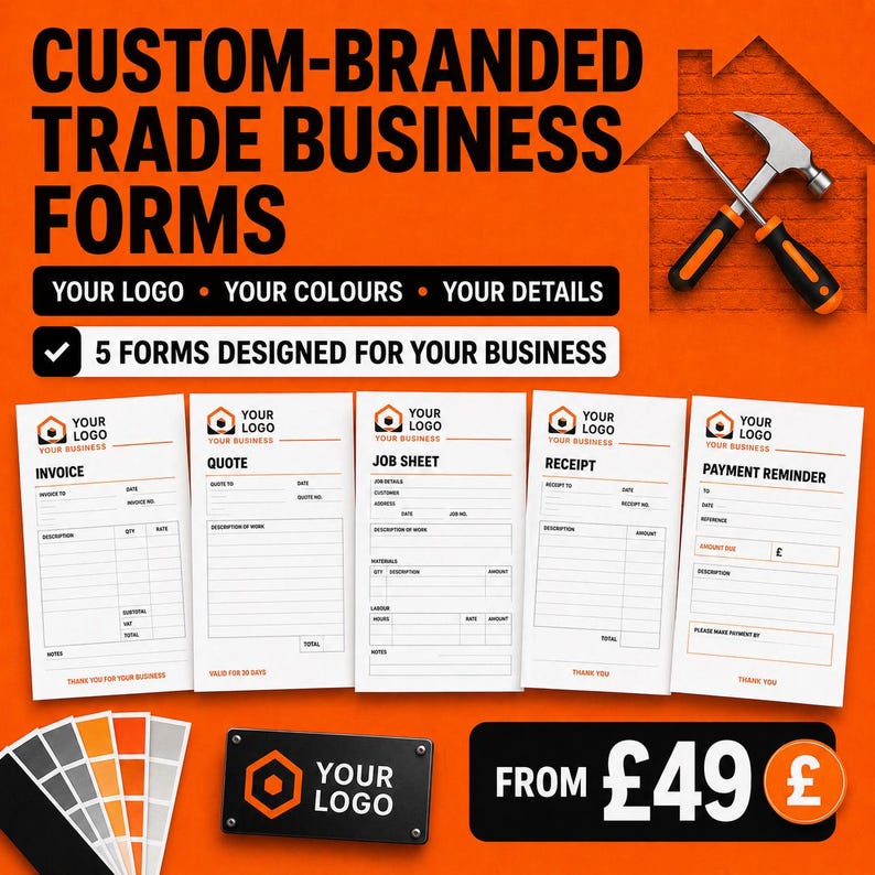 May include: Custom-branded trade business forms featuring five distinct templates including invoice, quote, job sheet, receipt, and payment reminder. The design includes a hammer and screwdriver icon, space for a logo, and color customization options.