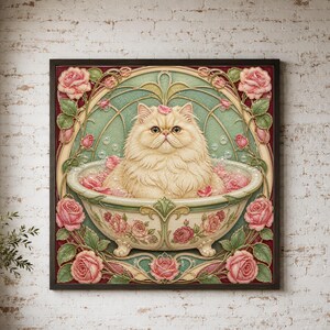 May include: A square wall art print featuring a fluffy cream-colored Persian cat sitting inside a clawfoot bathtub filled with water and pink rose petals. The tub is decorated with painted roses, and the background displays an ornate archway.