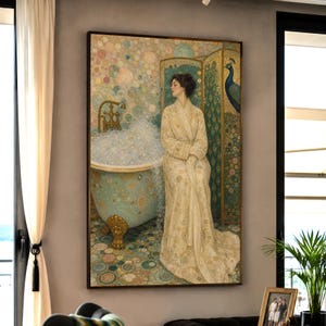 May include: A framed wall art print depicting a person in a cream-colored robe sitting beside a clawfoot bathtub filled with bubbles. The scene features a decorative folding screen with a peacock illustration and a background of circular patterns.