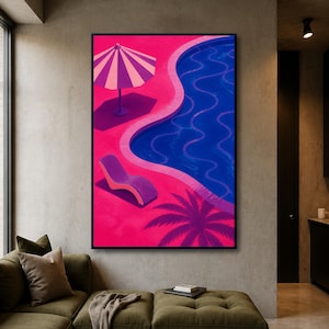 May include: A vertical wall art print featuring a vibrant pink pool deck with a curved blue swimming pool. The scene includes a purple lounge chair, a striped purple and pink umbrella, and the dark silhouette of a palm tree cast on the ground.