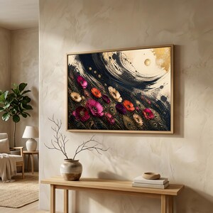 Black and Gold Floral Wall Art, Art Deco Poppy Painting, Moon Meadow Print, Dramatic Living Room Decor