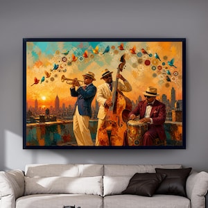May include: A framed wall art print depicting three musicians on a rooftop at sunset. One plays a trumpet, one a double bass, and one a conga drum. The scene features a city skyline in the background and a swirling arc of colourful birds above.