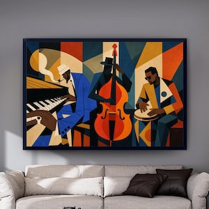 May include: A framed wall art print featuring a stylised jazz trio in a geometric composition. A pianist in a blue suit, a bassist in a dark hat, and a percussionist playing a drum are depicted in vibrant orange, blue, and yellow tones.
