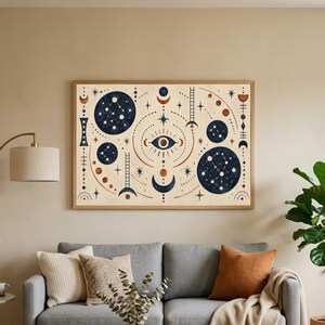 Celestial Wall Art, Vintage Astrology Chart, Art Deco Star Map, Cosmic Bedroom Decor, Navy Cream Astronomy Illustration