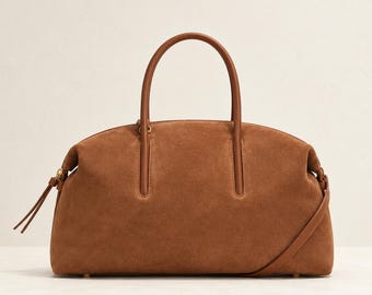 Bolso bowling con aspecto de ante, bolso de viaje minimalista, bolso de hombro (marrón coñac)