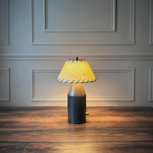 Cordless Teak Wood Table Lamp, Walnut Finish, Folded Fabric Shade, Dimmable LED Light