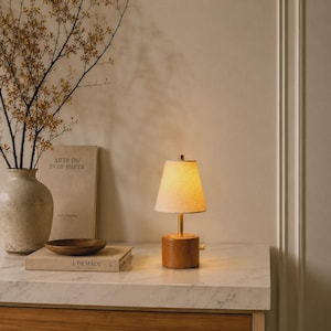 Elegant Wooden Cordless Table Lamp , Dimmable LED Light (24cm) , Modern Teak Wood Wireless Table Lamp