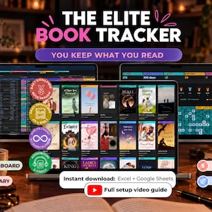 May include: The Elite Book Tracker digital spreadsheet for Excel and Google Sheets displays a library interface with book covers, reading statistics, and progress charts. Includes icons for dashboard, library, and quotes, plus a video guide link.