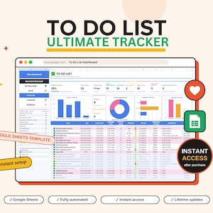 Könnte beinhalten: Eine digitale To Do List Ultimate Tracker Google Sheets Vorlage mit einem Dashboard, das Balkendiagramme, ein Kreisdiagramm und eine Aufgabenliste enthält. Die Benutzeroberfläche umfasst eine Navigationsleiste sowie verschiedene Statusanzeigen.