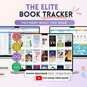May include: The Elite Book Tracker digital spreadsheet for Excel and Google Sheets features a dashboard and library interface displayed on three laptop screens. It includes book cover thumbnails, progress charts, and icons for challenges, audiobooks, and Kindle, with text reading "You keep what you read" and "Instant download: Excel + Google Sheets".