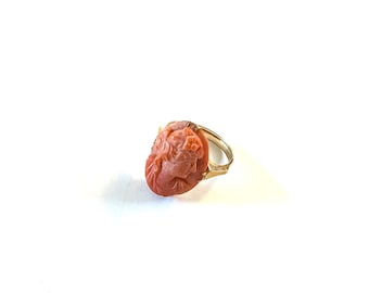 Genuine Coral Cameo and Yellow Gold Victorian Ring
