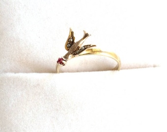 Victorian Gold Bird, Ruby, and Pearl Ring