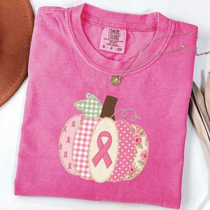 Pink Ribbon Fall Tshirt, Breast Cancer Awareness Tee, Faux Patchwork Pumpkin Comfort Colors, Applique Top, Survivor Chemo Gift Survivor