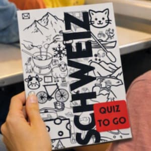 Quiz "Svizzera da portare via" - Set didattico di 10 pagine in formato A5 per tutta la famiglia, con scheda informativa, cose da vedere e da fare, quiz, dialetto, disegni da colorare, indovinare i cantoni e bingo.