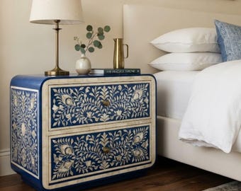 Blue Bone Inlay Nightstand | Floral Inlay Bedside Table | Boho Bedroom Furniture | 2 Drawer Accent Cabinet | Moroccan Style Decor