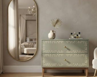 Mesa de cabeceira com incrustações de osso verde | Mesa de cabeceira com estampa floral | Móvel elegante para quarto | Mesa lateral com duas gavetas | Decoração de luxo para casa