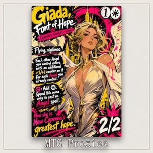 Könnte beinhalten: Eine Sammelkarte mit dem Titel Giada, Font of Hope, die einen blonden Engel in einem weißen Kleid vor einem gelb-schwarzen Stadthintergrund zeigt. Die Karte enthält Spieltext, eine 2/2 Stärke- und Widerstandskraft sowie ein weißes Manasymbol.