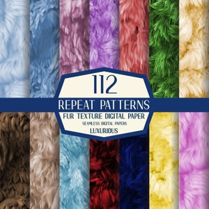 May include: A selection of 112 repeat patterns showcasing digitally created fur textures in diverse colours, such as blue, purple, red, and green. The image text states "Fur Texture Digital Paper" and "Luxurious".