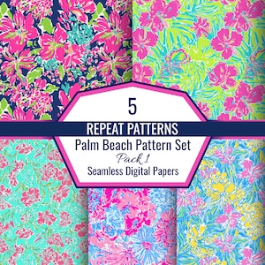 May include: Five seamless repeat patterns with a tropical theme. The patterns feature bright pink and blue floral designs on various backgrounds. The image includes text that reads "5 Repeat Patterns Palm Beach Pattern Set Pack 1 Seamless Digital Papers."