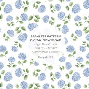 May include: A seamless pattern featuring watercolor-style blue hydrangea flowers and green leaves on a white background. The image includes the text "SEAMLESS PATTERN DIGITAL DOWNLOAD" and other details about the digital product, such as "High Resolution 300 dpi - 12"x12" *Commercial License* DesignByPhil."