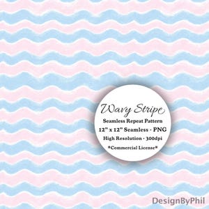 May include: A seamless repeat pattern with wavy stripes in light blue and pink. The design includes the text "Wavy Stripe" and details about the pattern's size and resolution. The pattern is 12" x 12" and has a commercial license.