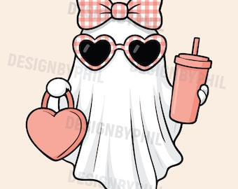 Coquette Ghost PNG: Pink Gingham Bow, Girly Halloween Clipart (Digital Download)