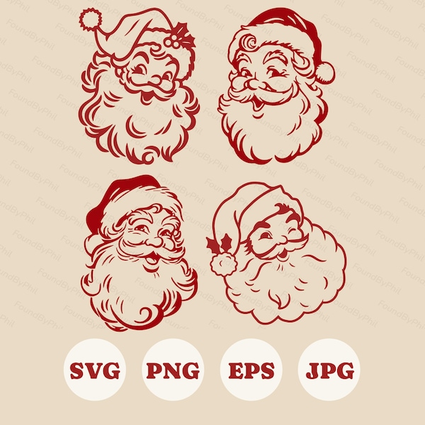 Paquete de iconos retro de Papá Noel, imágenes prediseñadas navideñas vintage para sublimación en formato SVG, PNG y JPG.