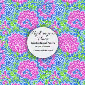 May include: Seamless repeat pattern featuring a vibrant floral design with pink hydrangea blooms, blue and green foliage, and a white background. The pattern includes the text "Hydrangea Vines", "Seamless Repeat Pattern", "High Resolution", and "*Commercial License*".