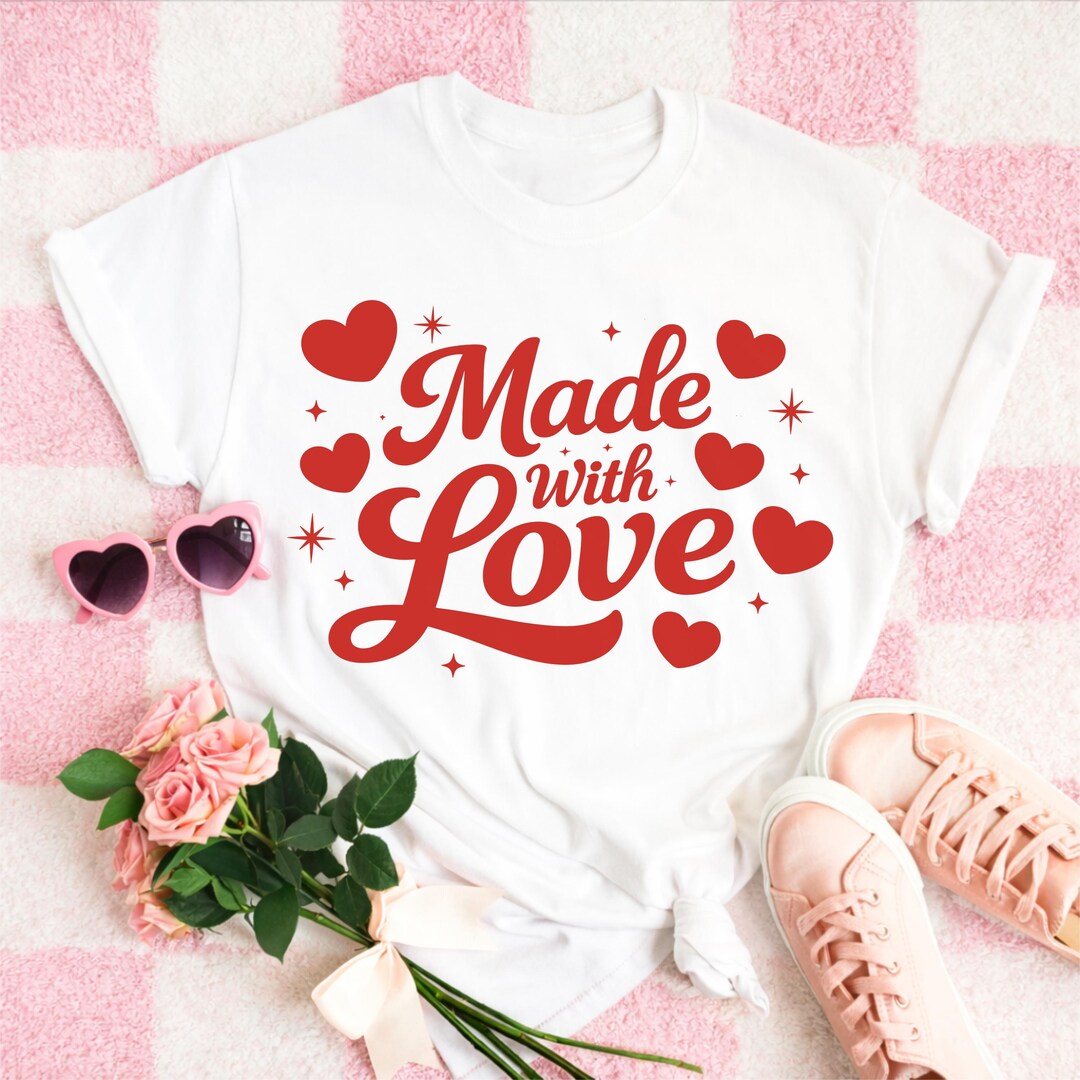 Made With Love Script SVG PNG Cute Valentine Hearts Retro Shirt Design ...