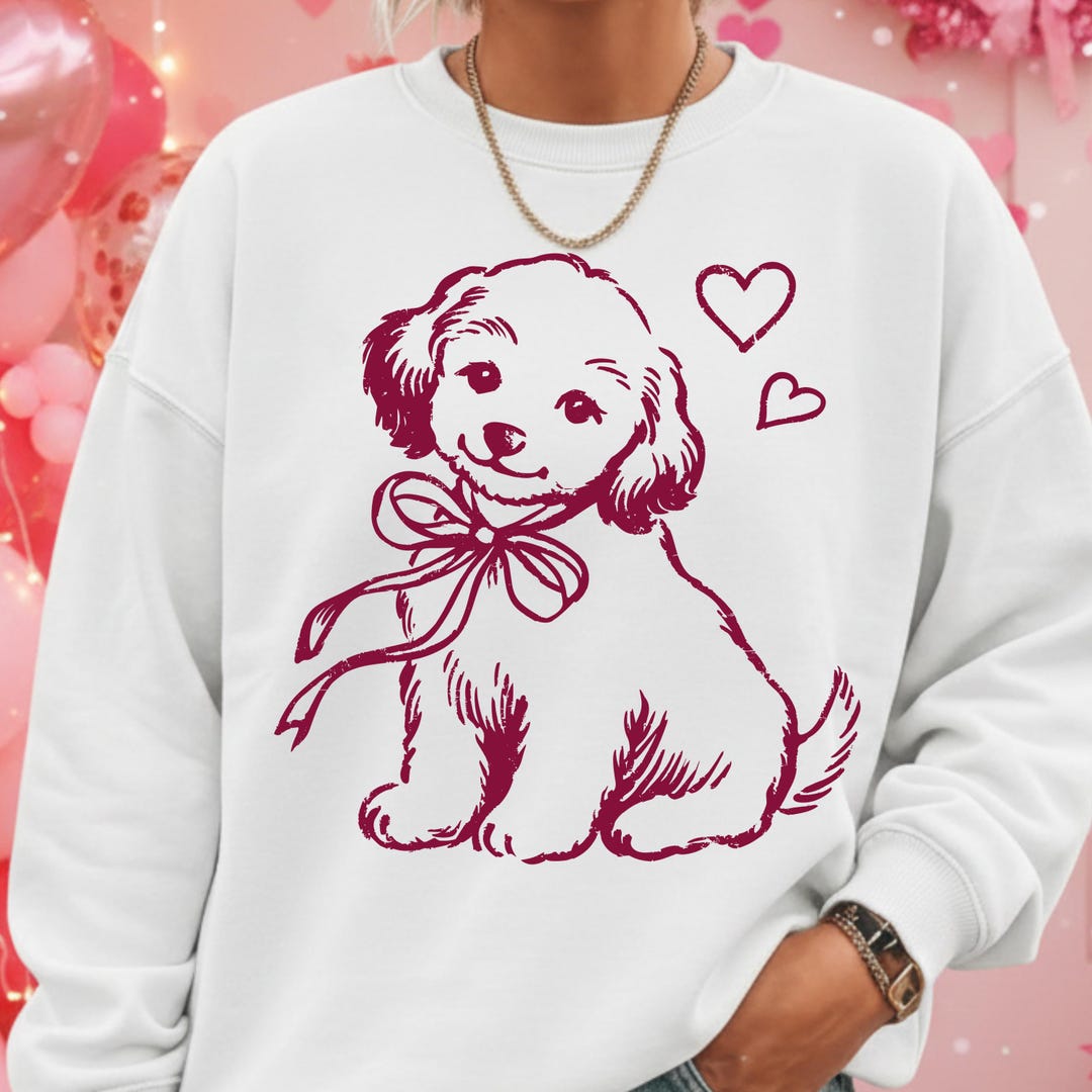 Vintage Puppy Bow SVG Retro Dog Illustration PNG Cute Dog Line Art Cut ...