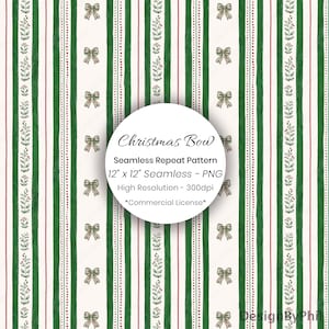 Papel digital con lazo navideño vintage y rayas: patrón navideño estilo cottagecore (descarga PNG)