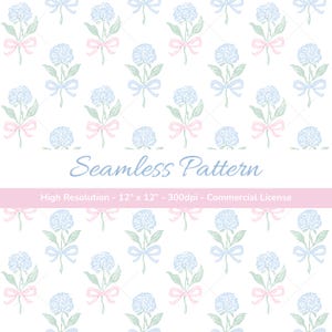 May include: Seamless pattern featuring light blue hydrangea flowers with pink and blue bows on a white background. The design includes the text "Seamless Pattern" and "High Resolution - 12" x 12" - 300dpi - Commercial License".