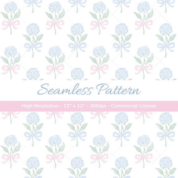 Coquette Pattern Hydrangea Bow Digital Paper: Toile de Jouy Floral (12x12" PNG)