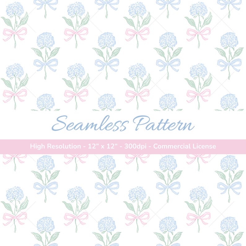 Coquette Pattern Hydrangea Bow Digital Paper: Toile de Jouy Floral (12x12" PNG) image 1