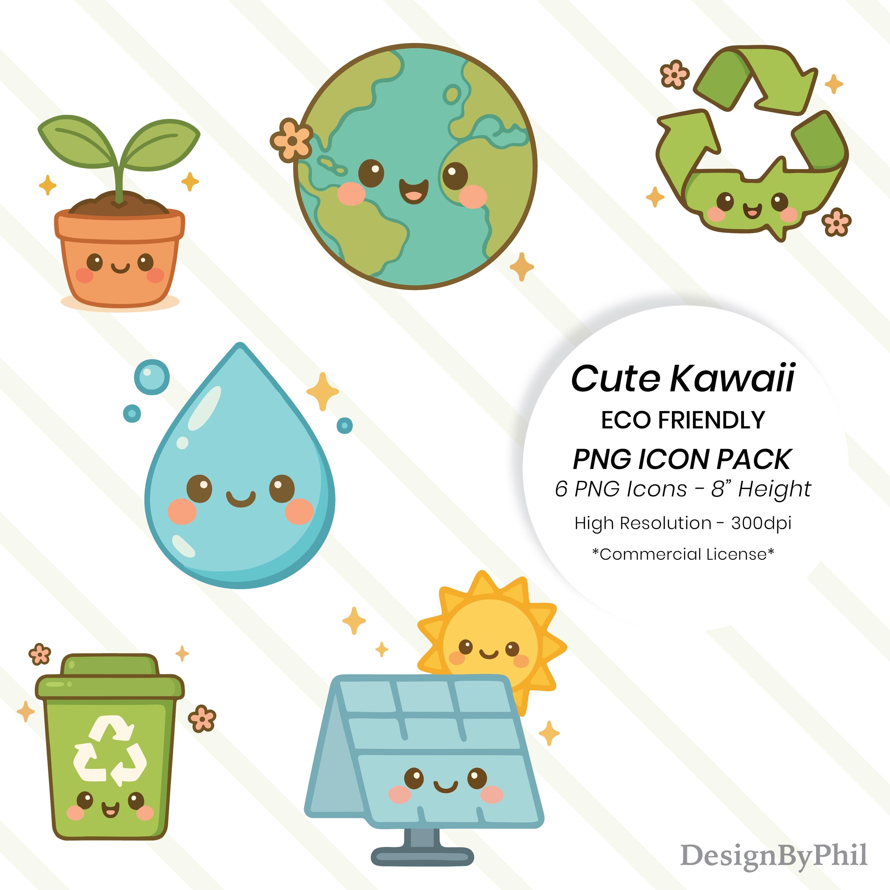 Kawaii Eco Icons: Recycle, Earth, Sun - PNG Clipart (commercial