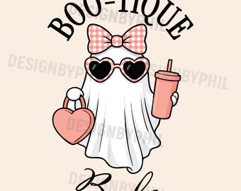 May include: A cartoon ghost wearing heart-shaped sunglasses and a gingham bow, holding a pink heart-shaped purse and a pink drink. The text "BOO-TIQUE Babe" is above and below the ghost.