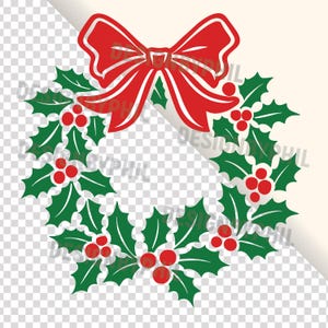 Op de afbeelding: Een feestelijk kerstkransontwerp met groene hulstbladeren, rode bessen en een grote rode strik bovenaan. De cirkelvormige krans is ideaal voor vakantiedecoraties. Het ontwerp is eenvoudig en elegant.