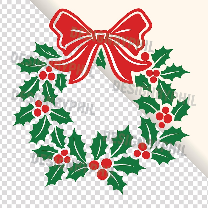 Op de afbeelding: Een feestelijk kerstkransontwerp met groene hulstbladeren, rode bessen en een grote rode strik bovenaan. De cirkelvormige krans is ideaal voor vakantiedecoraties. Het ontwerp is eenvoudig en elegant.