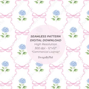 May include: Seamless digital pattern featuring blue hydrangea flowers, pink bows, and ribbons on a white background. The design includes the text "SEAMLESS PATTERN DIGITAL DOWNLOAD" and "DesignByPhil". The pattern is 12"x12" and has a commercial license.