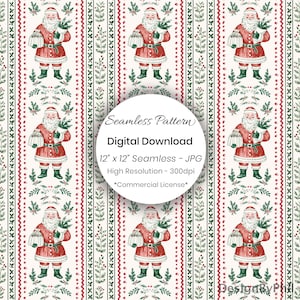 Papel digital Vintage Santa Stripe: Patrón navideño sin costuras (descarga PNG)