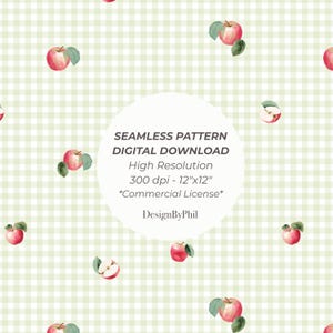 Może przedstawiać: Bezszwowy wzór cyfrowy z akwarelowymi jabłkami i zielonymi liśćmi na jasnym zielono-białym tle w kratkę vichy. Tekst "SEAMLESS PATTERN DIGITAL DOWNLOAD" znajduje się w białym okręgu. Wzór ma wymiary 30,48 cm x 30,48 cm i posiada licencję komercyjną.