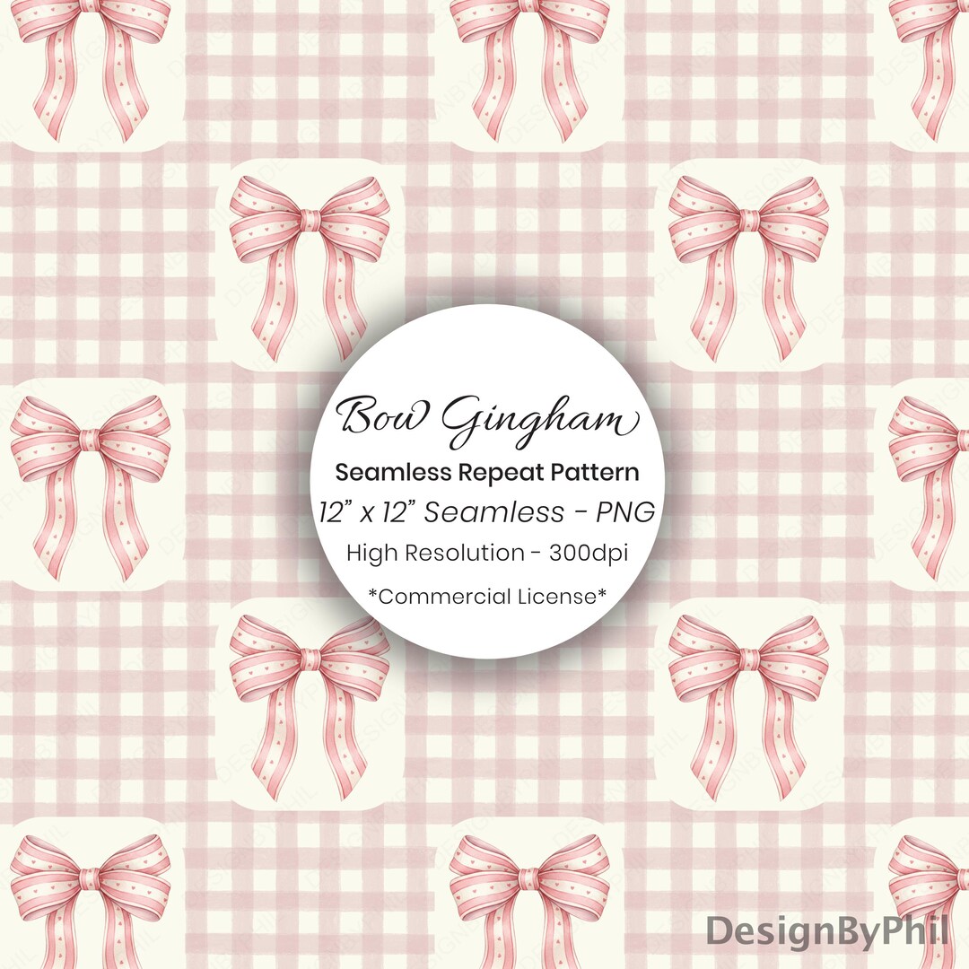 Coquette Gingham Bow Seamless Pattern, Pink Check 12x12 Digital Paper ...