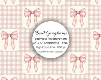 Coquette Gingham Bow Seamless Pattern, Pink Check 12x12 Digital Paper PNG