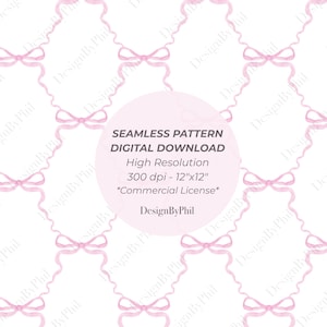 Könnte beinhalten: Nahtloses digitales Muster mit einem sich wiederholenden Design aus rosa Schleifen und Bändern auf weißem Hintergrund. Das Bild enthält den Text "SEAMLESS PATTERN DIGITAL DOWNLOAD" und "DesignByPhil". Das Muster ist hochauflösend, 30,48 cm x 30,48 cm und hat eine kommerzielle Lizenz.