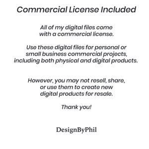 Op de afbeelding: Zwarte tekst op een witte achtergrond met de tekst "Commerci&euml;le licentie inbegrepen". De tekst legt de commerci&euml;le licentie voor digitale bestanden uit, die gebruikt kunnen worden voor persoonlijke of kleine zakelijke projecten, maar niet voor wederverkoop van digitale producten. Eindigt met "Dank u!" en "DesignByPhil."