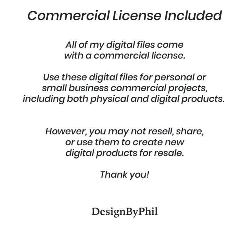 Op de afbeelding: Zwarte tekst op een witte achtergrond met de tekst "Commerci&euml;le licentie inbegrepen". De tekst legt de commerci&euml;le licentie voor digitale bestanden uit, die gebruikt kunnen worden voor persoonlijke of kleine zakelijke projecten, maar niet voor wederverkoop van digitale producten. Eindigt met "Dank u!" en "DesignByPhil."