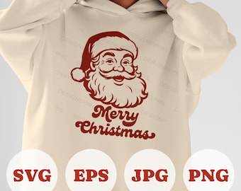 May include: A cream-colored hoodie featuring a red Santa Claus graphic with the text "Merry Christmas." Below the graphic are the file type icons: SVG, EPS, JPG, and PNG. The hoodie has a drawstring hood.