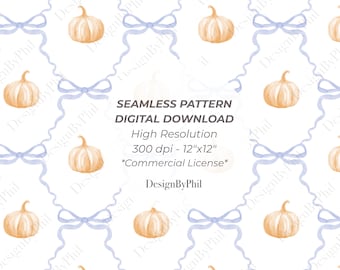 Grandmillennial Pumpkin Bow Seamless Pattern: Cottagecore Fall Digital Paper (PNG)