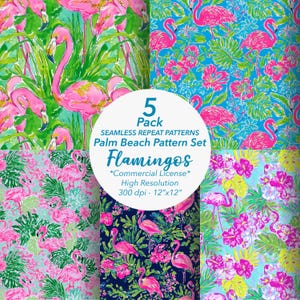 May include: Five seamless repeat patterns featuring pink flamingos and tropical foliage. The patterns include various color schemes, including teal, blue, and navy backgrounds. The text on the image says "Flamingos" and "Palm Beach Pattern Set". Each pattern is 12"x12".